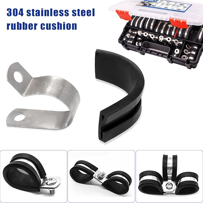 Taiss 125PCS Cable Clamps Assortment Kit 12 Sizes 3/16" 1/4" 5/16" 3/8" 1/2" 5/8" 3/4" 1" 1-1/4" 1-1/2" 1-3/4" 2" Wire Clamps,304 Stainless Steel Rubber Cushion Pipe Clamps,With Portable Handheld Box