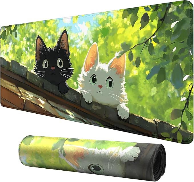 Black and White Cat Desk Pad Mouse Pad,Extend XL Mouse Mat with Stitched Edges,Non-Slip Rubber Base Large Mousepad for Office PC Keyboard Laptop and Home Work Desk Mat(31.5X11.8 in)