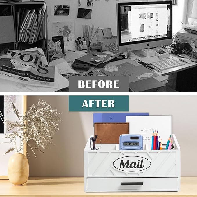 Wood Desktop Mail Organizer, Mail Organizer Countertop with 6 Compartments and Drawer, Wood Mail Holder Office Accessories for File Letter Paper Folder, White