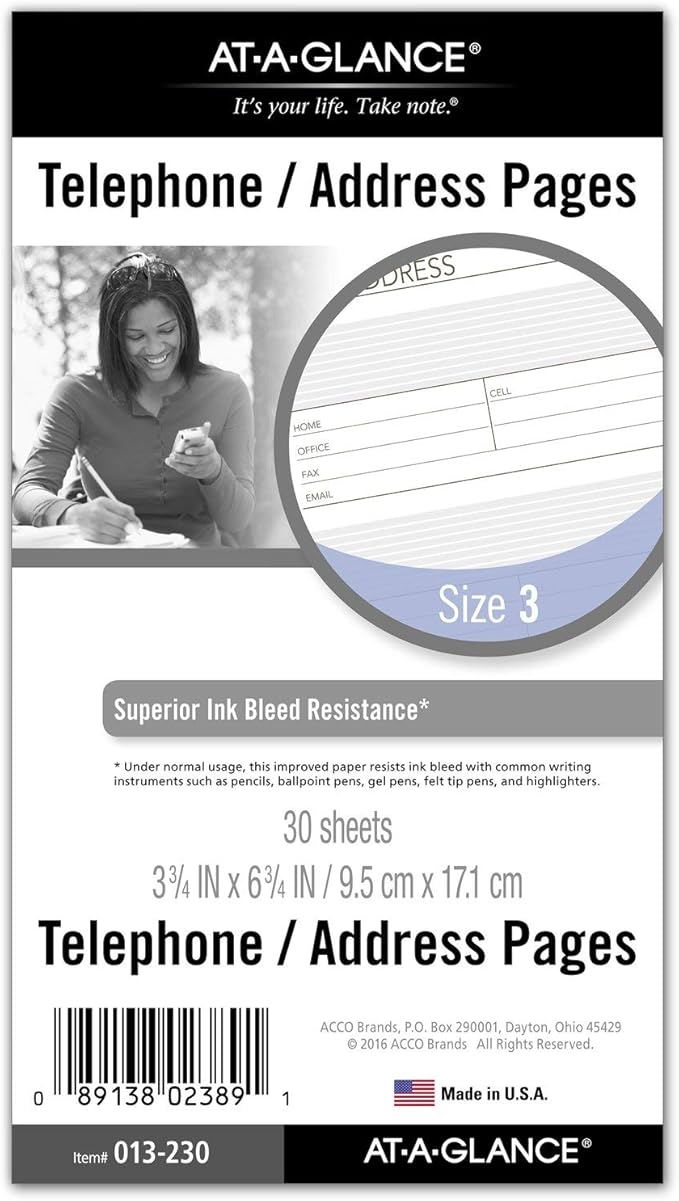 AT-A-GLANCE Day Runner Telephone and Address Pages, Refill, Loose-Leaf, Undated, for Planner, 3-3/4" x 6-3/4", Size 3, 30 Sheets/Pack (013-230)