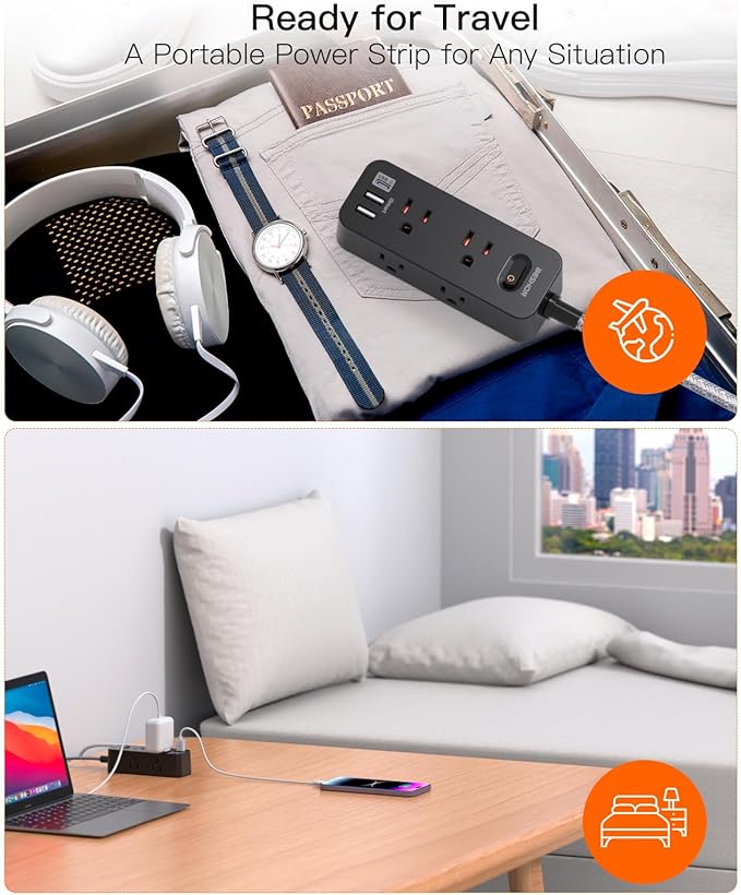 Black Power Strip Surge Protector, BESHON 5Ft Extension Cord, 6 Outlets with 3 USB Ports(1 USB C Outlet), 3-Side Outlet Extender, Wall Mount, Compact for Travel, Home, College Dorm Room, and Office