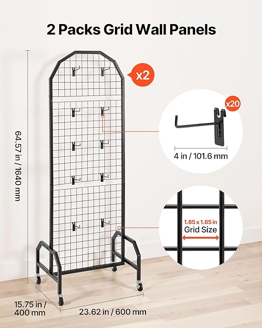 VEVOR 2 Packs Grid Wall Panels, 1.9 x 5.4 ft Wire Grid Panels Display Rack, Movable Art Display Shelf with Wheels and 20 Hooks, Black Carbon Steel Gridwall for Craft Show, Decor, Storage, Notice Board