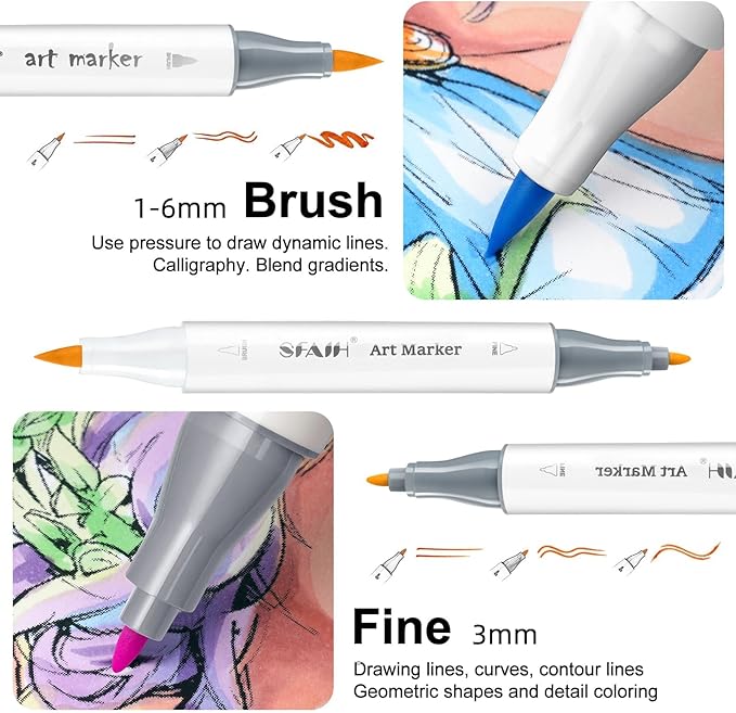 SFAIH Alcohol Markers Brush Tip & Fine Tip - 49 Colors Double Tipped Art Markers for Adult Coloring Books Illustration, Gifts for Artist Adult - Refillable Alcohol-based Ink