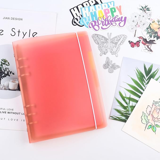 A5 6 Ring Binder Cover with Snap Button Closure Loose Leaf Folders Journal Notebook File Shell Protector for 6 Hole Planner Pages Refill Insert DIY Scrapbooking Stamp & Die Storage (Orange)