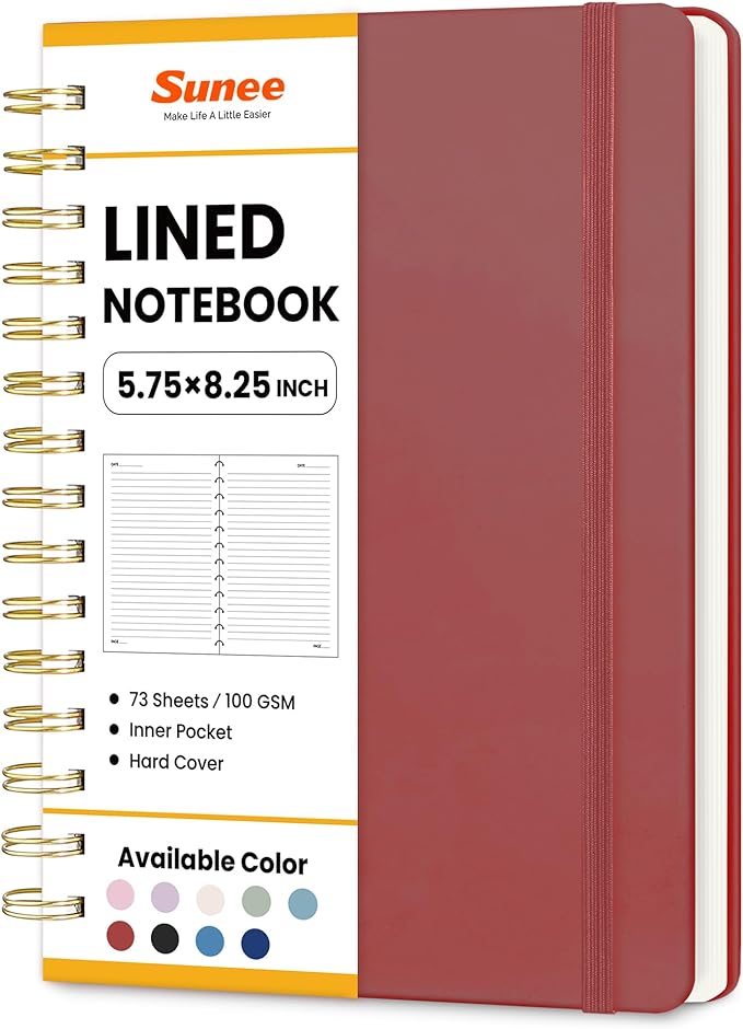 SUNEE Journaling Notebooks, A5 Lined Spiral Notebook for Women, 146 Pages College Ruled Hardcover Notebook for Work, Note Taking, Journaling and Office School Supplies, A5 -Burgundy