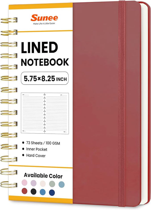 SUNEE Journaling Notebooks, A5 Lined Spiral Notebook for Women, 146 Pages College Ruled Hardcover Notebook for Work, Note Taking, Journaling and Office School Supplies, A5 -Burgundy