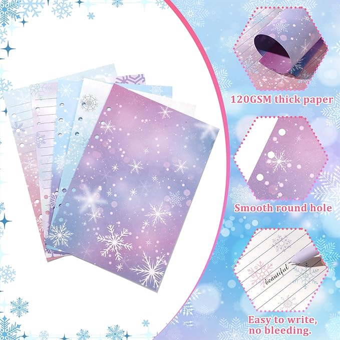 100 Sheets Snowflake A5 Refills Papers for Planner Insert Binder, 120GSM Thick Ice Princess Notebook Fillers, Magic 6 Hole Loose Leaf Papers for A5 6 Ring Binder Journal Diary Budget Winter Christmas