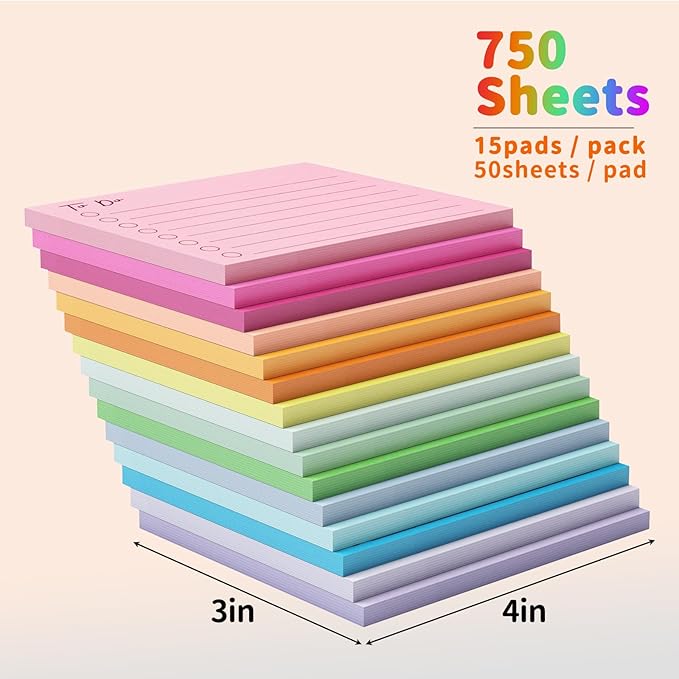 EOOUT 15 Pack Lined Sticky Notes, 3"x4", 750 Sheets, To-Do List Notepad, 15 Colors, Square Sticky Notes for Office, Meeting, School, Home