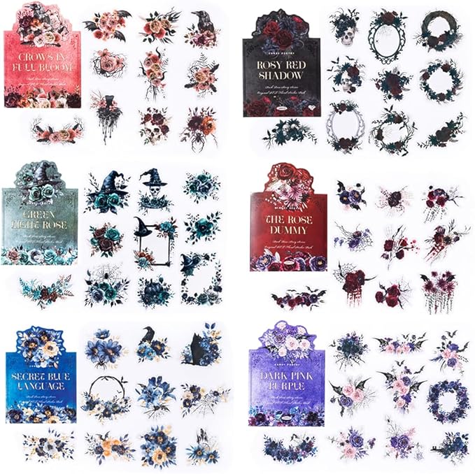 120Pcs Dark Aesthetic Gothic Floral Transparent PET Journaling Stickers, 6 Pack Black Rose Goth Style Themes Decorative Stickers for Scrapbooking, Junk Journals, Planner, Collage, Bujo