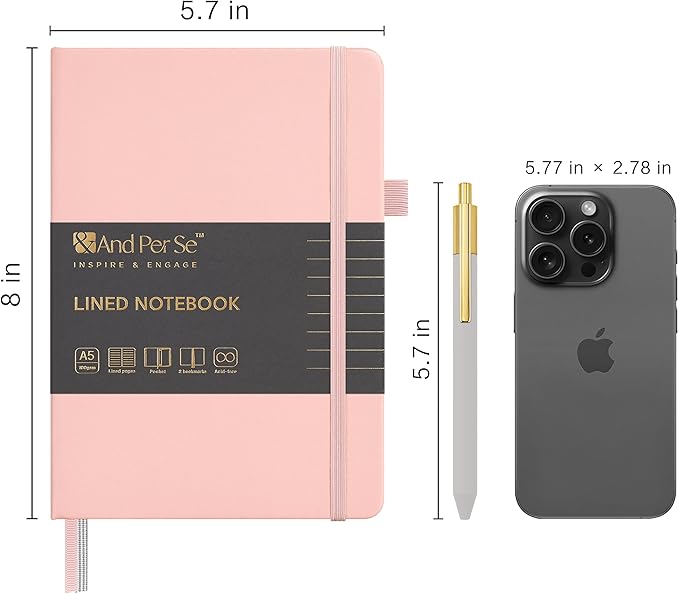 &And Per Se Lined Journal and Pen Set, A5 Leather Hardcover Notebook with Pen & Stationary Set, 160 Pages Journal for Business Work Writing, Valentine's Day Gift Set for her (Pink)