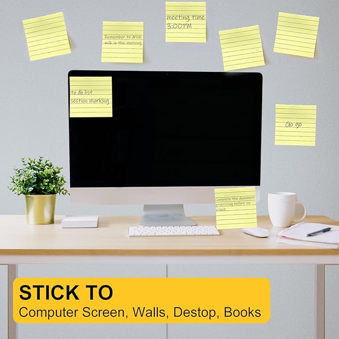 48 Pack Lined Sticky Notes 3x3 in, Yellow Self Sticky Notes with Lines, Post Stickies Sticky Memo Note Pads for School and Office Supplies, Yellow