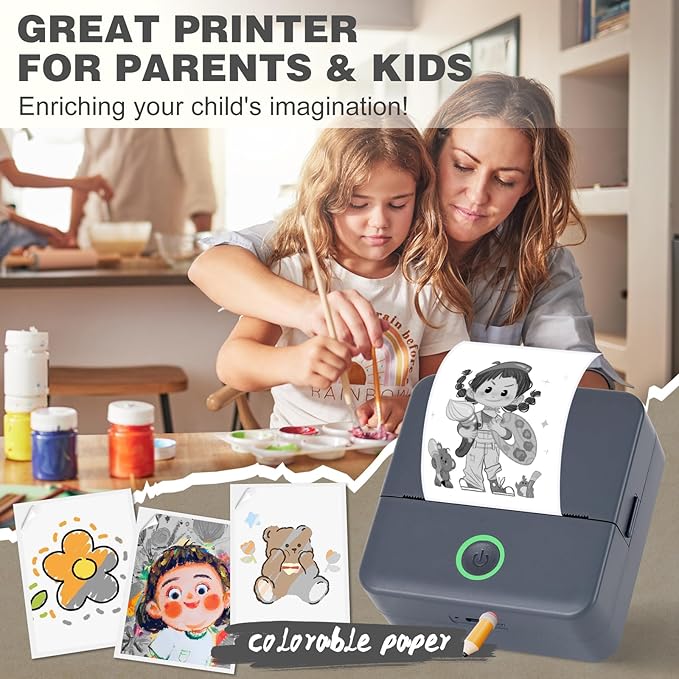 cudinham Print Pods Mini Printer, Sticker Printer with 10 Rolls Thermal Printing Paper, Inkless Pocket Printpod for Phone, Impresora Portátil for Notes, DIY, Compatible with iOS & Android (Grey)
