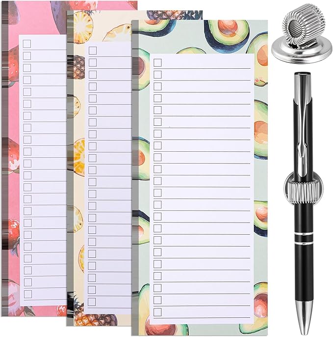 3 Pack Shopping List Pad & 1 Magnetic Pen Clip - 150 Tear Off Sheets - Magnetic Grocery List Notepad with Pen Holder for Fridge