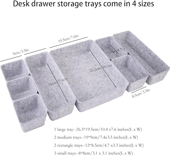8pcs Drawer Organizer Bins, Felt Desk Organization Sets, Office Accessories & Workspace Organizers, Shallow Jewelry Makeup Storage Box Basket Shelf Containers Separators Inserts(Grey)