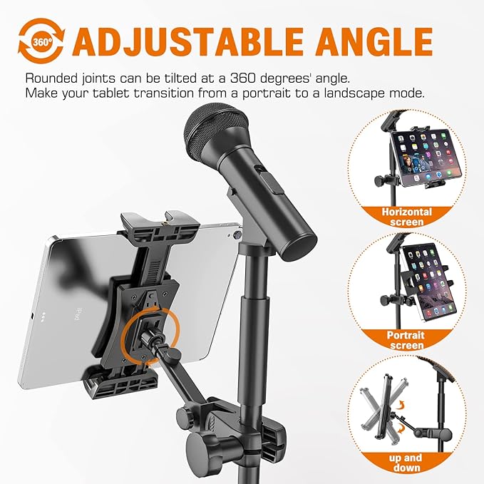 Tablet Holder for Microphone Stand, Mic Music Stand Tablet Holder for iPad, Smartphone Tablet Mic Stand Mount for Shee Music Fits Devices from Screen Size 4.7 to 12.9 Inches