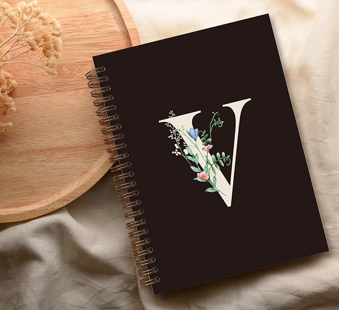 Trendy Personalized Journal Hardcover Spiral Notebook,Black Initial Letter V Notebook,Monogrammed Gifts for Women Teen Girl,College Ruled Hardcover Spiral Notebook 5.5 x 8.3