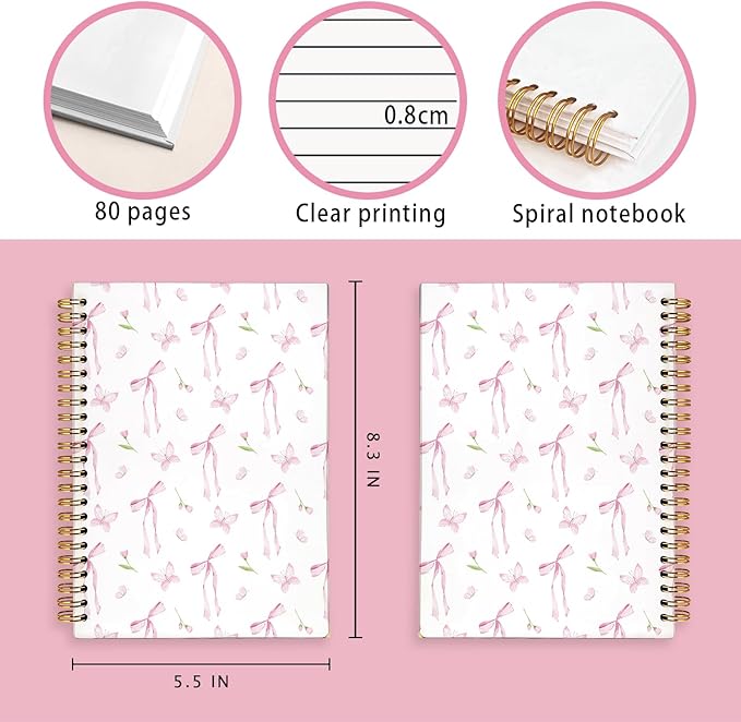 Pink Bow Floral Journal, Floral Botanical Notebook,Preppy Gifts for Women, Hardcover Spiral Notebook 80 Sheets -160 Pages 5.5x8.3 Inch