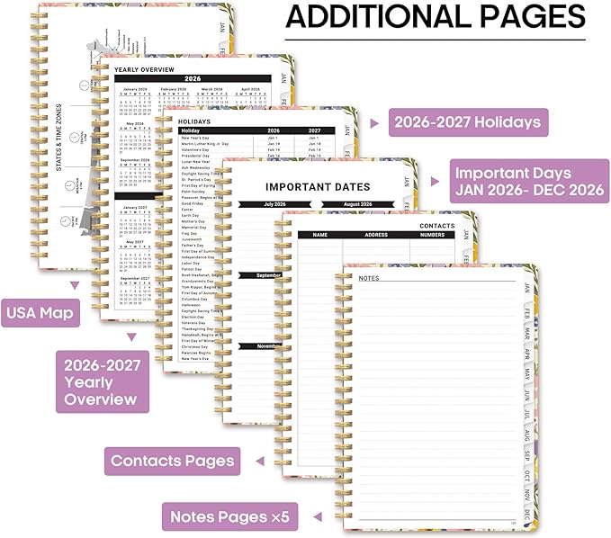 2026 Planner, Weekly and Monthly Calendar Planner Book, January 2026 - December 2026, Hardcover Spiral Planner with Monthly Tabs, Notes Pages, Perfect for Women & Men, A5 (6.4" x 8.5") - FLoral