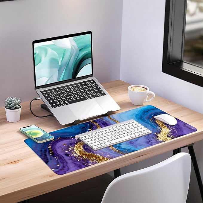 Blue and Gold Stripes Extended Gaming Mouse Pad 35.4x15.7Inch Large Desk Mat Anti-Slip Rubber Base & Durable Stitched Edges for Gamers Smooth Mouse Writing Surface for Desk Office/Home