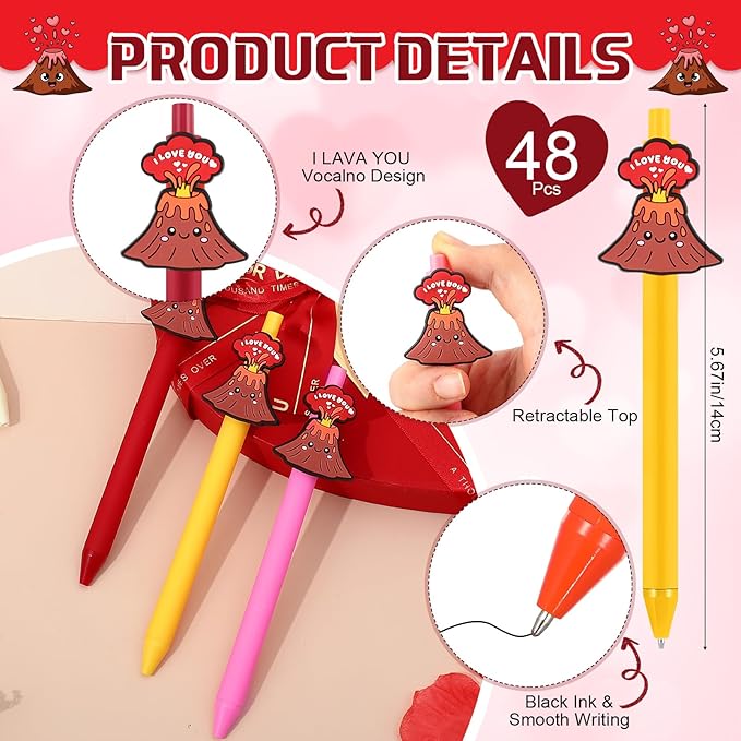 Cholemy 48 Sets Gifts Sets Include Motivational Ballpoint Pen with Greeting Card and Cable Ties for School Classroom Stationery Supplies Teacher Students Practical Gifts(Volcano)