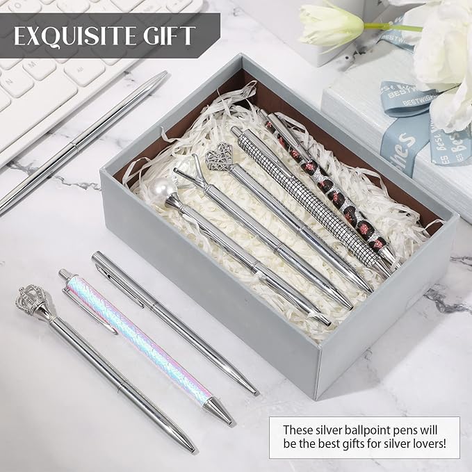 Janmini 9 Pcs Ballpoint Pens Set Metal Crystal Diamond Glitter Pens for Journaling Black Ink Pretty Cute Things Fancy Stationery Gifts for Women Girls Birthday Home Office Desk(Silver)