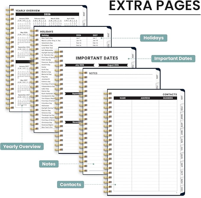 2026 Planner, Weekly and Monthly Calendar Planner for Women, Jan 2026 - Dec 2026, Hardcover Planning Agenda book with Tabs, Spiral Bound, Inner Pocket, Perfect for School Office Supplies, 6.3" x 8.5" - Blue Patchwork