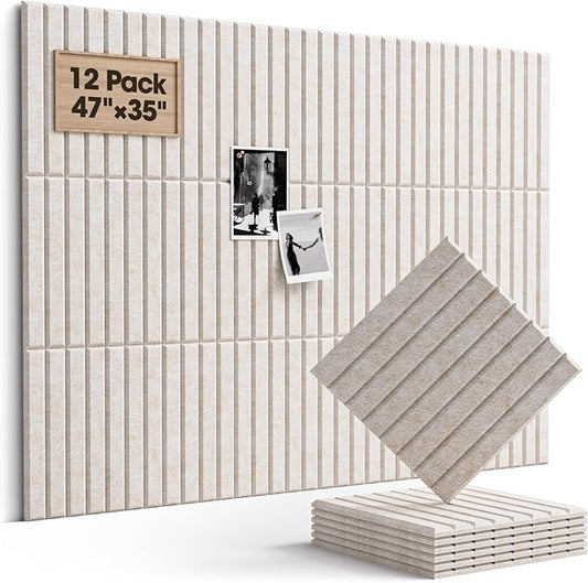 Soundsbay Large Cork Board, 47"x35" Slat Bulletin Board Alternative, 12-Pack Cork Boards for Walls, 60 Adhesive Tabs, Felt Wall Tiles for Home Office Classroom Pin Board