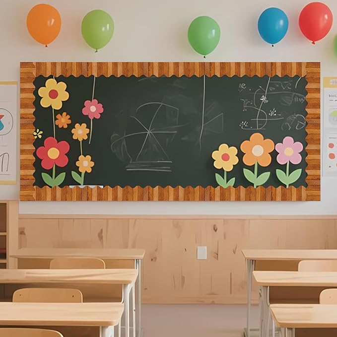 2 Rolls Wood Grain Bulletin Board Borders, 65.6 Ft Dark Wood Scalloped Border Trim for Home Office School Classroom Bulletin Board Wall Chalkboard Decor