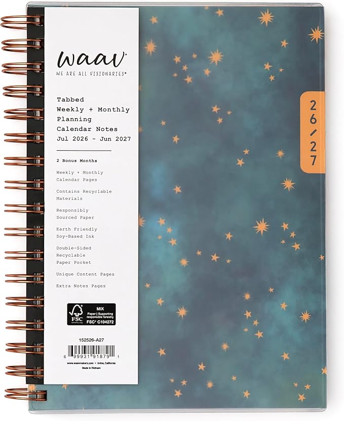 Blue Sky WAAV 2026-2027 Weekly and Monthly Academic Year Planner Calendar, July 2026 - June 2027, 7" x 9", Flexible Cover, Wirebound, Laminated Tabs, Storage Pocket, Includes 20 Extra Notes Pages, Callisto