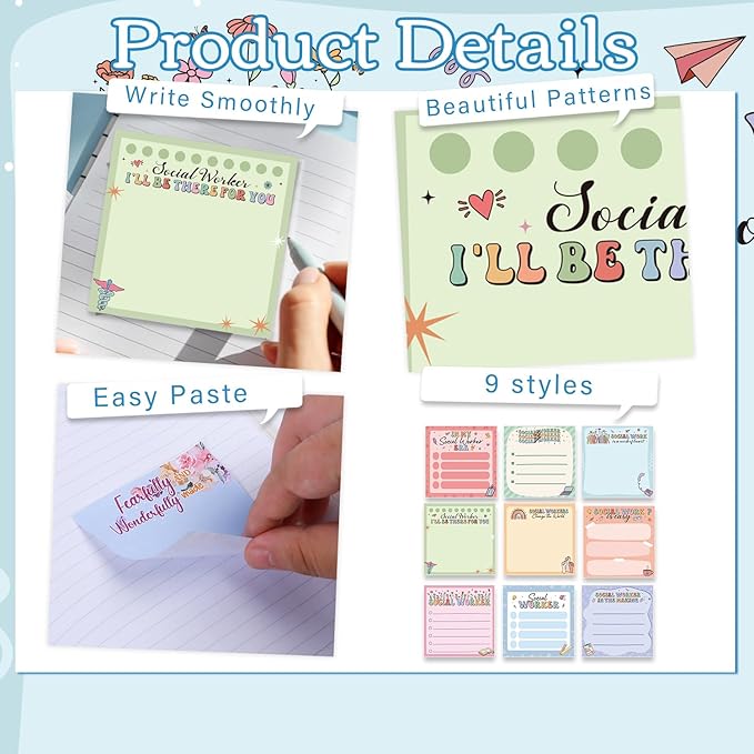 Social Worker Sticky Notes Gifts, 9 Pack Social Worker Appreciation Notepads 3x3 Inches, Social Work Writing Memo Pads School Office Supplies Gifts for Women Men (450 Sheets)