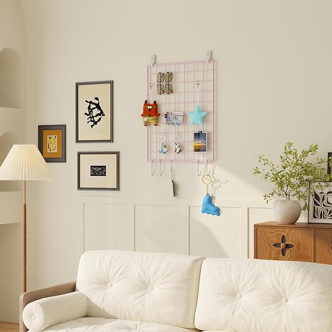 C&AHOME Photo Wall Display Set of 2, Grid Panel with Hooks, Clips, Hemp Cord, Hammer - 15.7" x 11.8", Pink UWWGM3402P