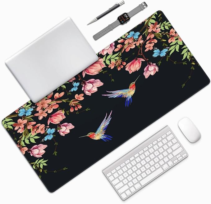 Extra Large Mouse Pads Hummingbirds and Flowers XXL Extended Mousepad with Stitched Edges Non-Slip Rubber Base Computer Keyboard Pad Desk Mat for Home Office Desk Decor, 35.4" X 15.7"
