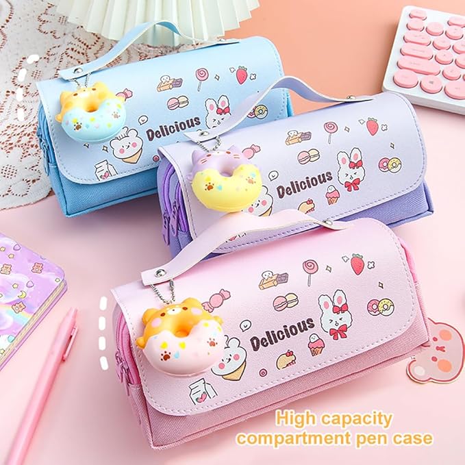Pencil Case for Girls, Kids Large Capacity Cute Pencil Box with Compartments School Organizer Pen Pouch (Doughnut Purple)