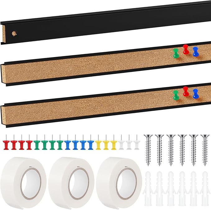 3 Pcs 36'' x 1" Cork Board Strips for Wall, Bulletin Bar, Tack Board With Aluminum Trim - Brown Cork Strips for Classroom, Office Walls, Cubicle