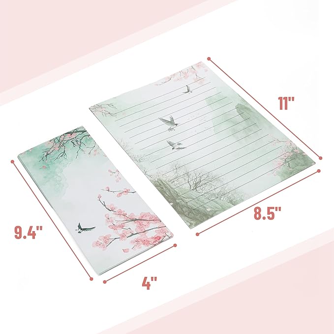 Mr. Pen- Stationery Writing Paper with Envelopes, 8.5 x 11 Inch, 160 Pack(50 Letter Writing Paper with 50 Envelopes and 60 Round Dot Sticker) Cherry Blossoms Cute Stationary Set with 10 Design