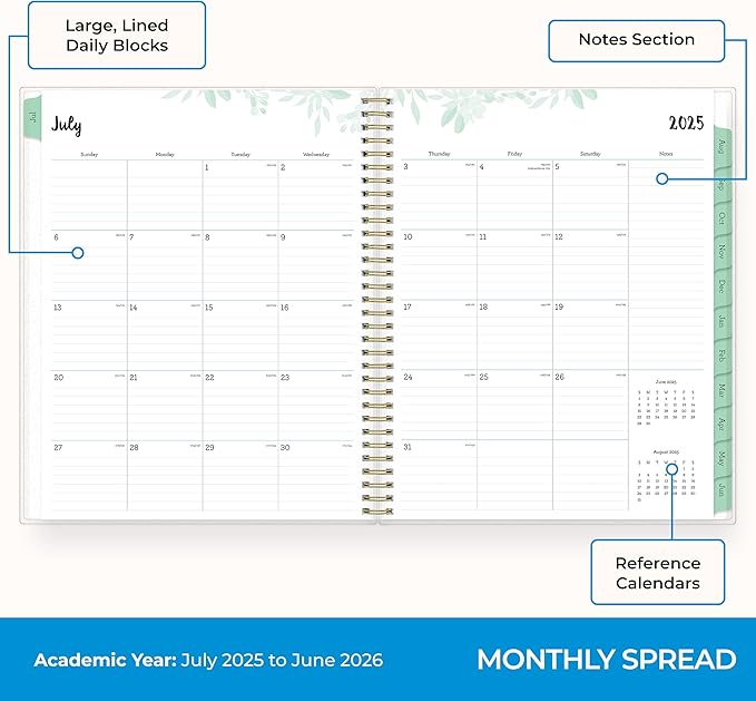 Blue Sky Weekly and Monthly Academic Year Planner Calendar, July - June, Flexible Cover, Wirebound, Laminated Tabs, Laurel (Laurel- 2025/2026, 8.5" x 11")