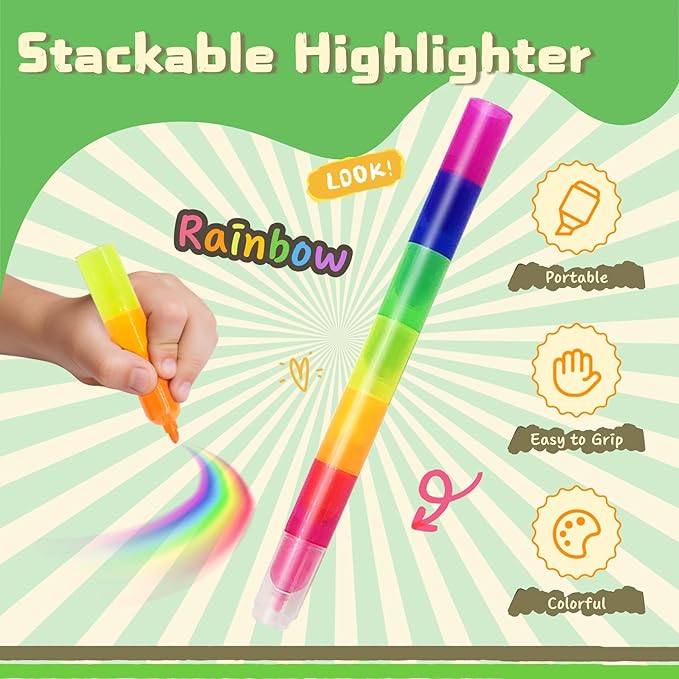 NLR FUN Stackable Rainbow Highlighters for Kids, 6 Colors x 7 Pieces Fluorescent Markers, Portable Coloring Pens for School, Art & Party Favors