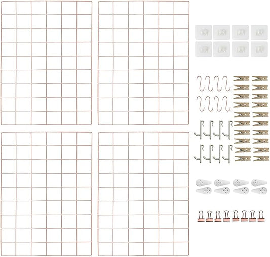 Metal Grid Wall Panel Rose Gold, Wire Grid Photo Display Organizer, 17.3"×11.8" Wire Board Grid Wall, Grid Picture Frame, 4-Pack Wire Mesh Memo Board with Clips and Hooks
