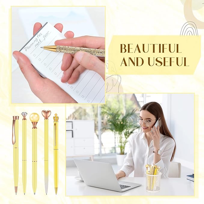 Janmini 9 Pcs Ballpoint Pens Set Metal Crystal Diamond Glitter Pens for Journaling Black Ink Pretty Cute Things Fancy Stationery Gifts for Women Girls Birthday Home Office Desk(Yellow)