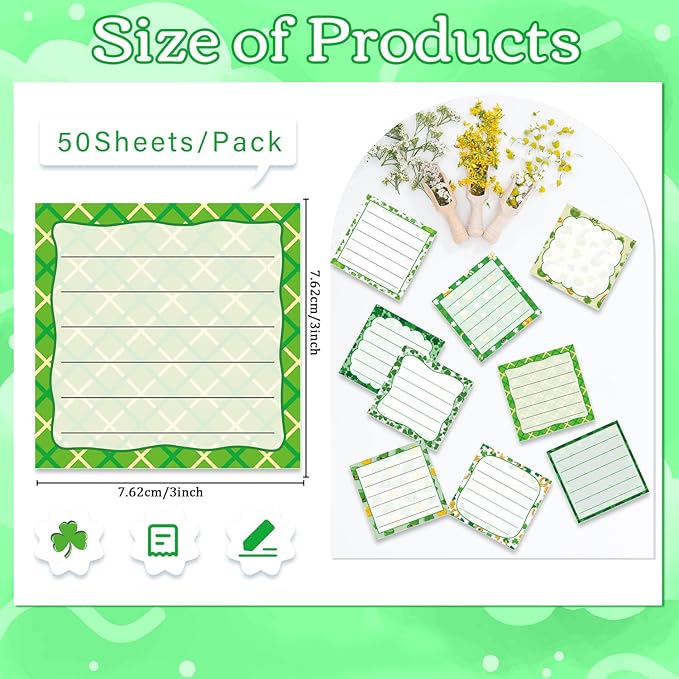 St Patricks Day Sticky Notes Gifts, 9 Pack St. Patrick's Day Notepads 3x3 Inches, Irish Gnome Leaf Shamrock Self-Adhesive Memo Pads, Holiday Office Study Supplies Gift (450 Sheets)