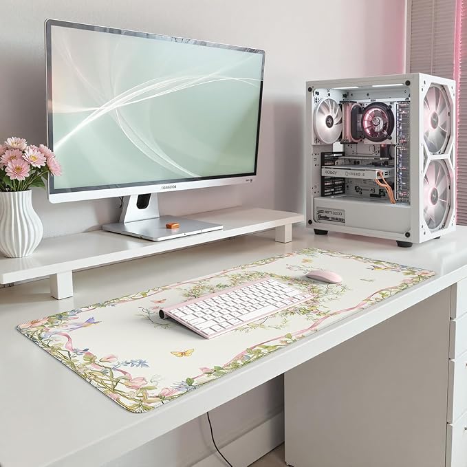 iCasso Desk Matt for Desktop,Cute Desk Pad White,Anti-Slip Large Gaming Mousepad XXL,Soft Lycra Surface Computer Mat Women,Girly Keyboard Pad for Home Office