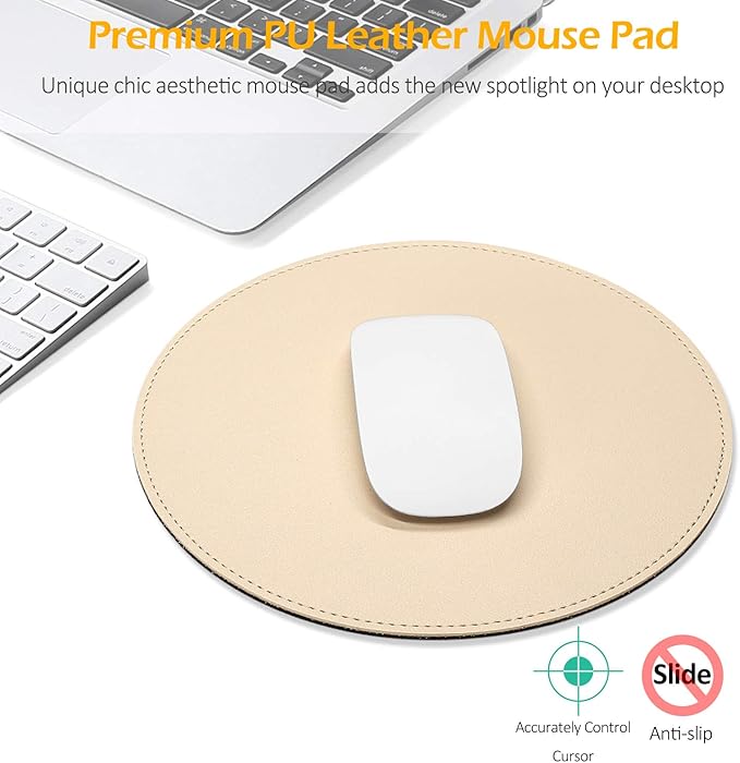 ProElife Cute Round Mouse Pad Mat Waterproof PU Leather 8.66-Inch Mousepad with Anti-Skid Base Stitched Edge for Home Office Gaming Computer Laptop Accessories (Apricot)