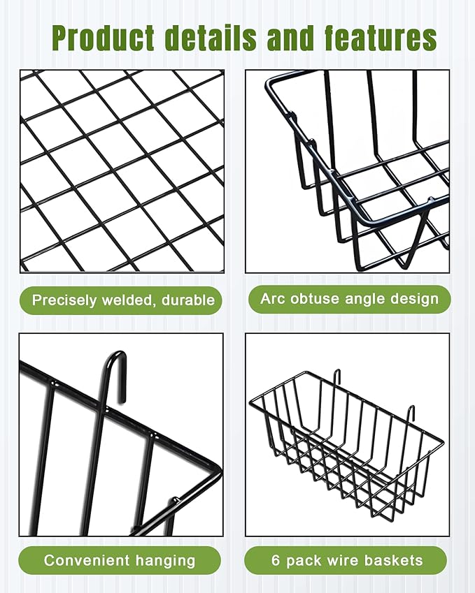 6 Pack Wire Baskets, Black Grid Wall Accessory, Wire Grid Panel Hanging Basket, Display and Storage Wall Basket for Kitchen, Home Decor, Potted Plants