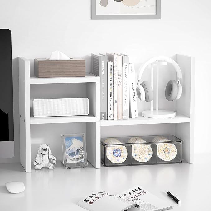Jerry & Maggie Desktop Organizer Office Storage Rack Adjustable Wood Display Shelf Birthday Gifts Toy Home Decor Free Style Rotation Display True Natural Stand Shelf (White/2 Pack)