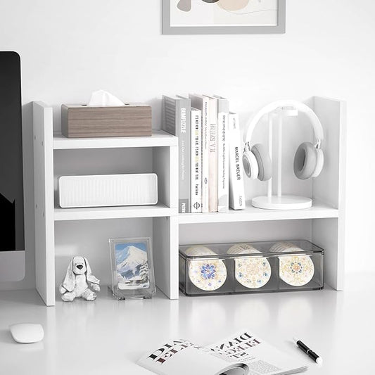 Jerry & Maggie - Desktop Organizer Office Storage Rack Adjustable Wood Display Shelf | Birthday Gifts - Toy - Home Decor | - Free Style Rotation Display - True Natural Stand Shelf (White)