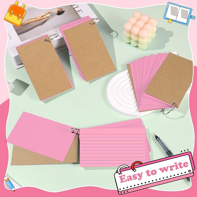 Pink Index Cards 3x5 Inch Lined Flash Cards with Ring Heavyweight Flashcards Note Cards for Studying School Supplies College, 200 Count