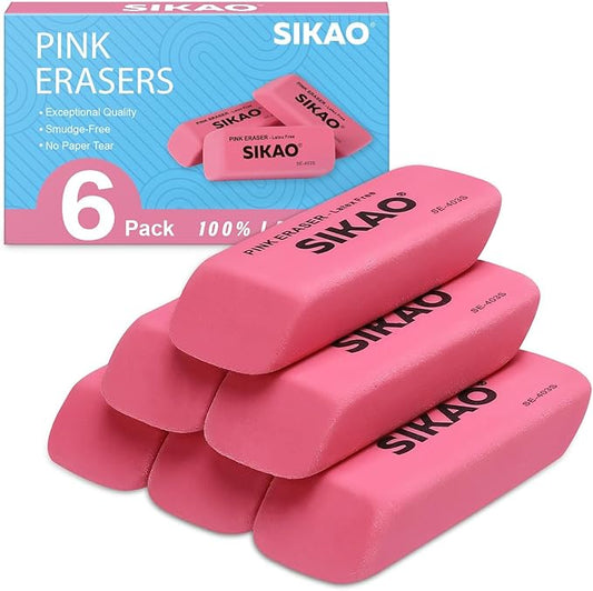 Pink Erasers, 6 Pack Pencil Erasers for Kids – Latex-Free & Smudge-Free Beveled Rubber Erasers for School Supplies, Classroom, Art & Homework
