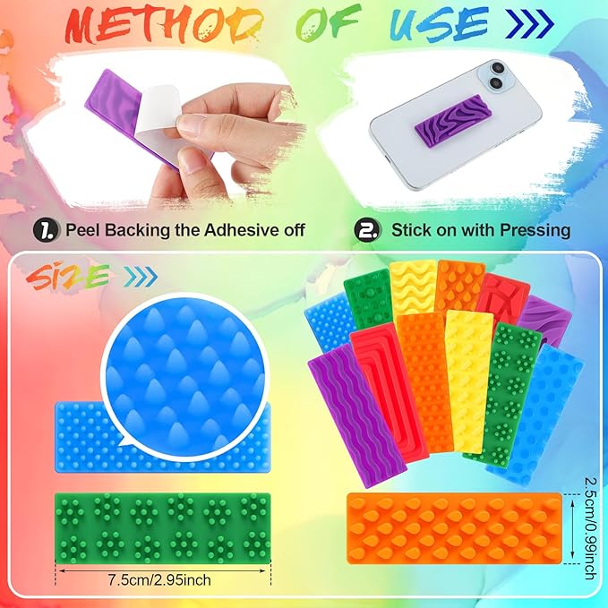 Ireer 12 Pcs Textured Sensory Stickers Silicone Desk Fidget Decals Thick Mental Health Stickers Strips Different Textured Calm Decals Stress Anxiety Relief Items for Adult Autism Adhd Desk Office Gift