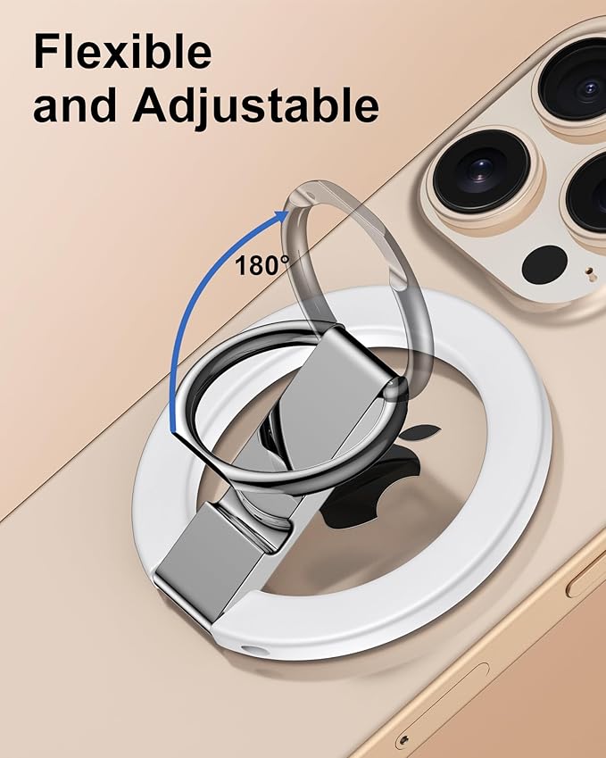 AILKIN Magnetic Phone Stand with Ring Holder, iPhone & Samsung MagSafe Grip Stand, Kickstand, Desk Holder, Magnetic Phone Grip & Ring for Case – White, Hands-Free Viewing, Secure Hold