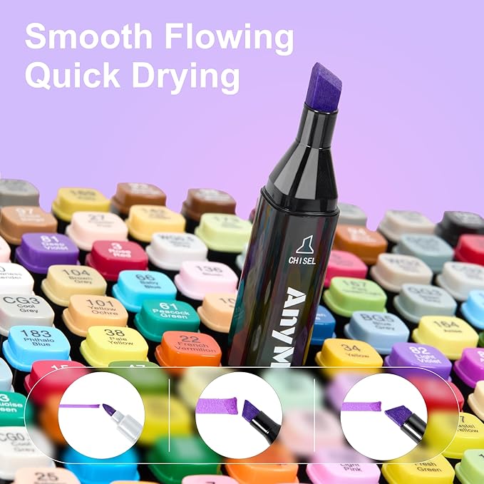 AnyMark Alcohol Markers, 60 Colors Dual Tip Art Coloring Markers Set for Adult Book Drawing Sketching Painting, Chisel & Fine, Black Penholder